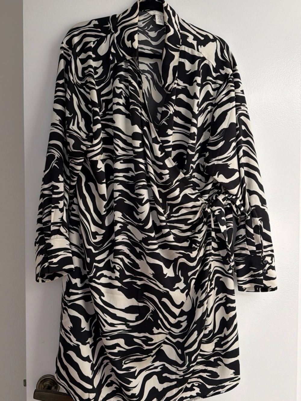 H&M Black and White Zebra-Print Wrap Dress - Long Sleeve